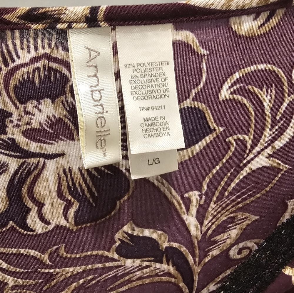 Ambrielle Floral Lace Trim V-Neck Tunic Top Purple Beige Long Sleeve Women’s L - Picture 3 of 7